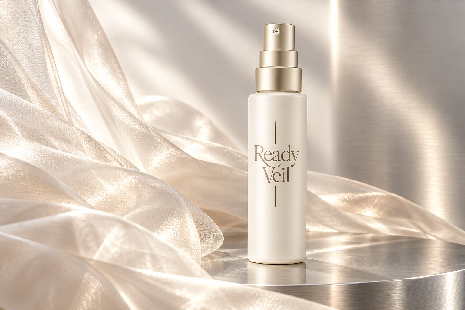 실버 오브제와 얇은 아이보리 베일을 함께 배치한 Ready Veil 미스트 콜라주